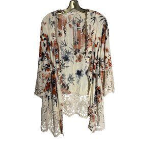 Floral Print Kimono Cardigan With Lace Trim & Bell Sleeves